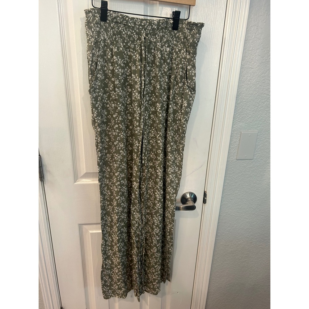 Paper Crane Pants Green Floral Smocked Waist Wide Leg Rayon Boho Summer Medium